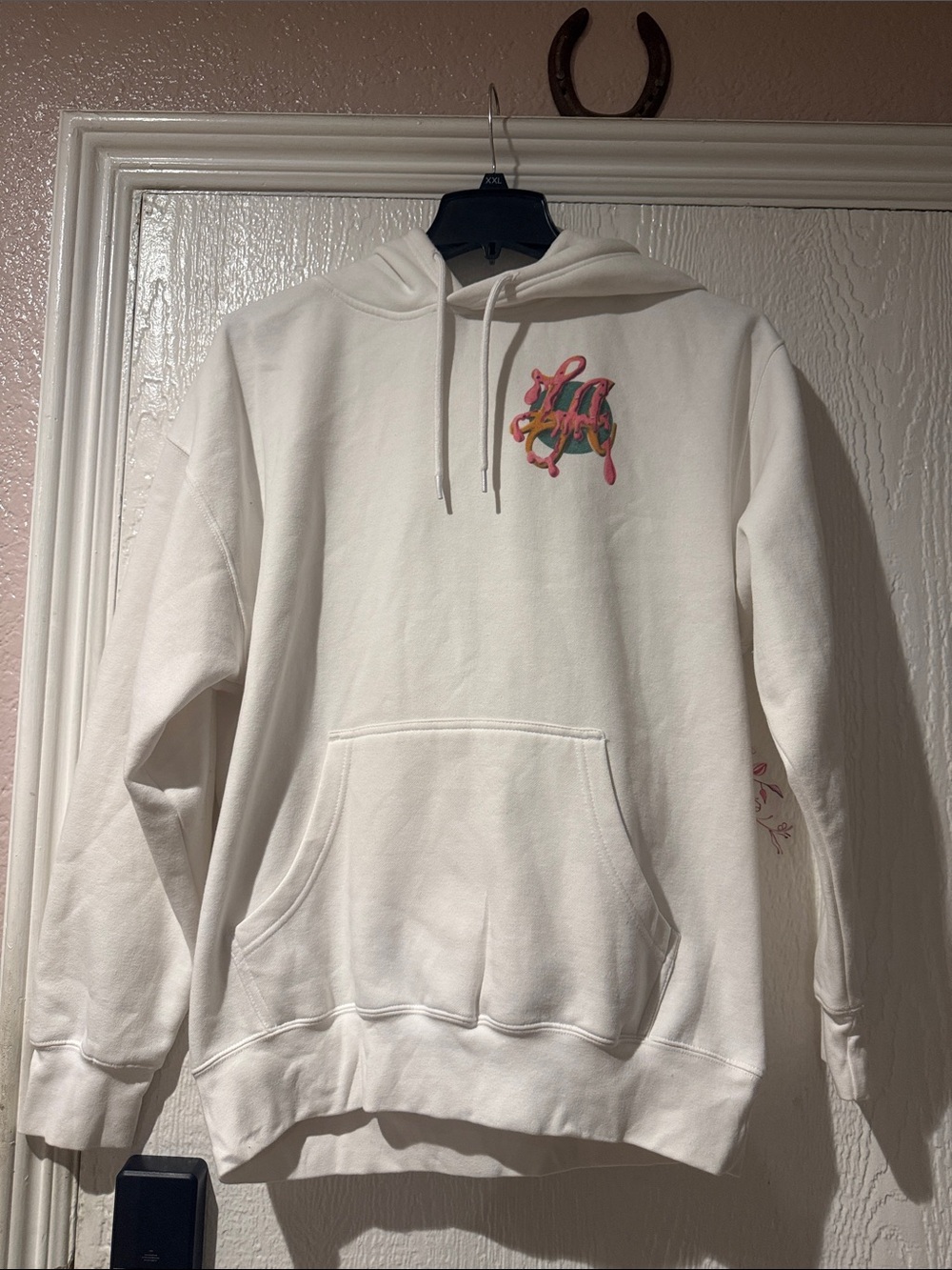 White Crewneck Hoodie with Colorful Chest Graphic